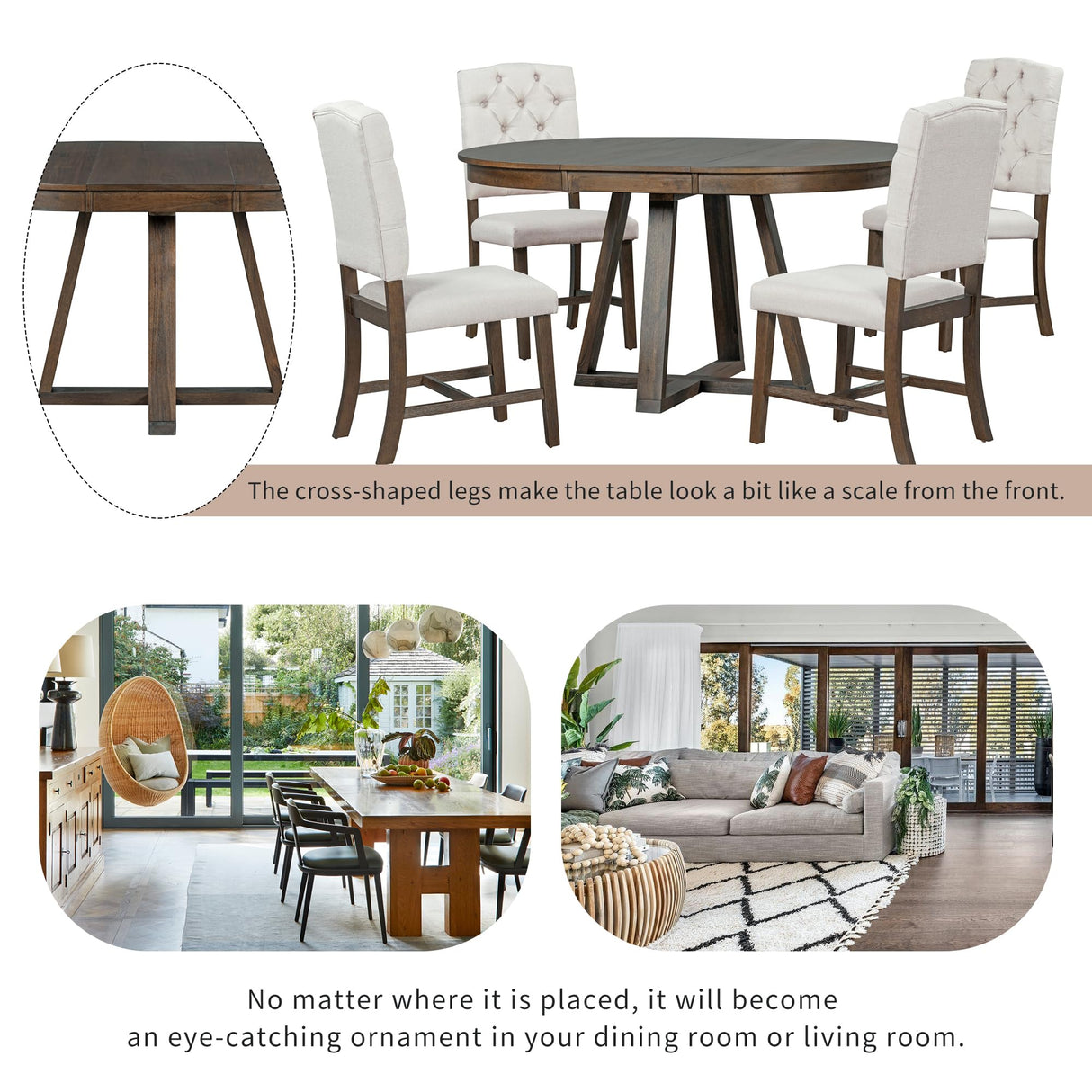 Merax, Walnut 5-Piece Retro Functional Set,Round Wood Table with a 16" W Leaf and 4 Upholstered Chairs for Dining Room Merax