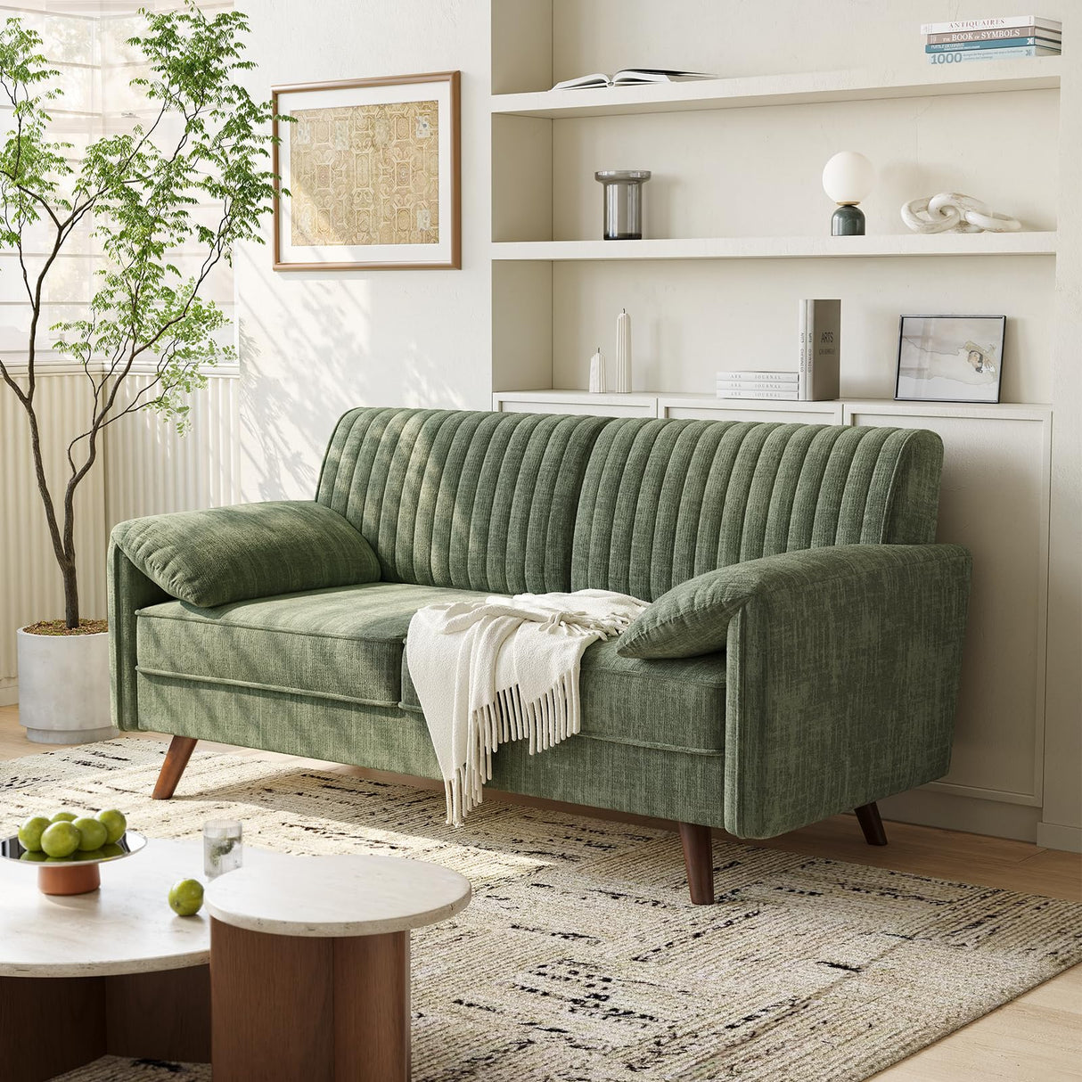 ONBRILL 64.5" Loveseat Sofa, Chenille Loveseat Couch for Living Room, 23.2" Deep Seat Love Seat with Padded Arms, Comfy Modern Small Couches for Bedroom, Small Spaces, Dorms, Office, Green ONBRILL