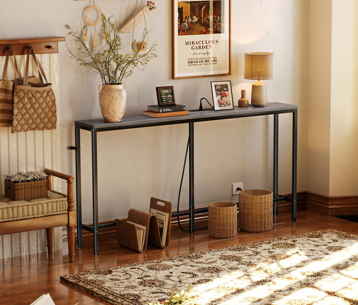 SUPERJARE Console Table with Outlet, 63 Inch Sofa Table with Charging Station, Narrow Entryway Table, Skinny Hallway Table, Behind Couch Table Skinny for Entryway, Living Room, Plants -Gray SUPERJARE