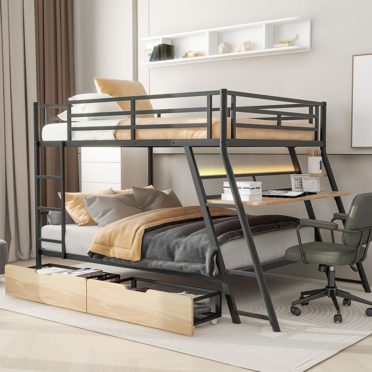 Harper & Bright Designs Metal Full Over Full Bunk Bed with Built-in Desk, Light and 2 Drawers, Industrial Bunkbeds with Ladder and Full-Length Guardrail, Noise Free, No Boxing Spring Needed, Black Harper & Bright Designs