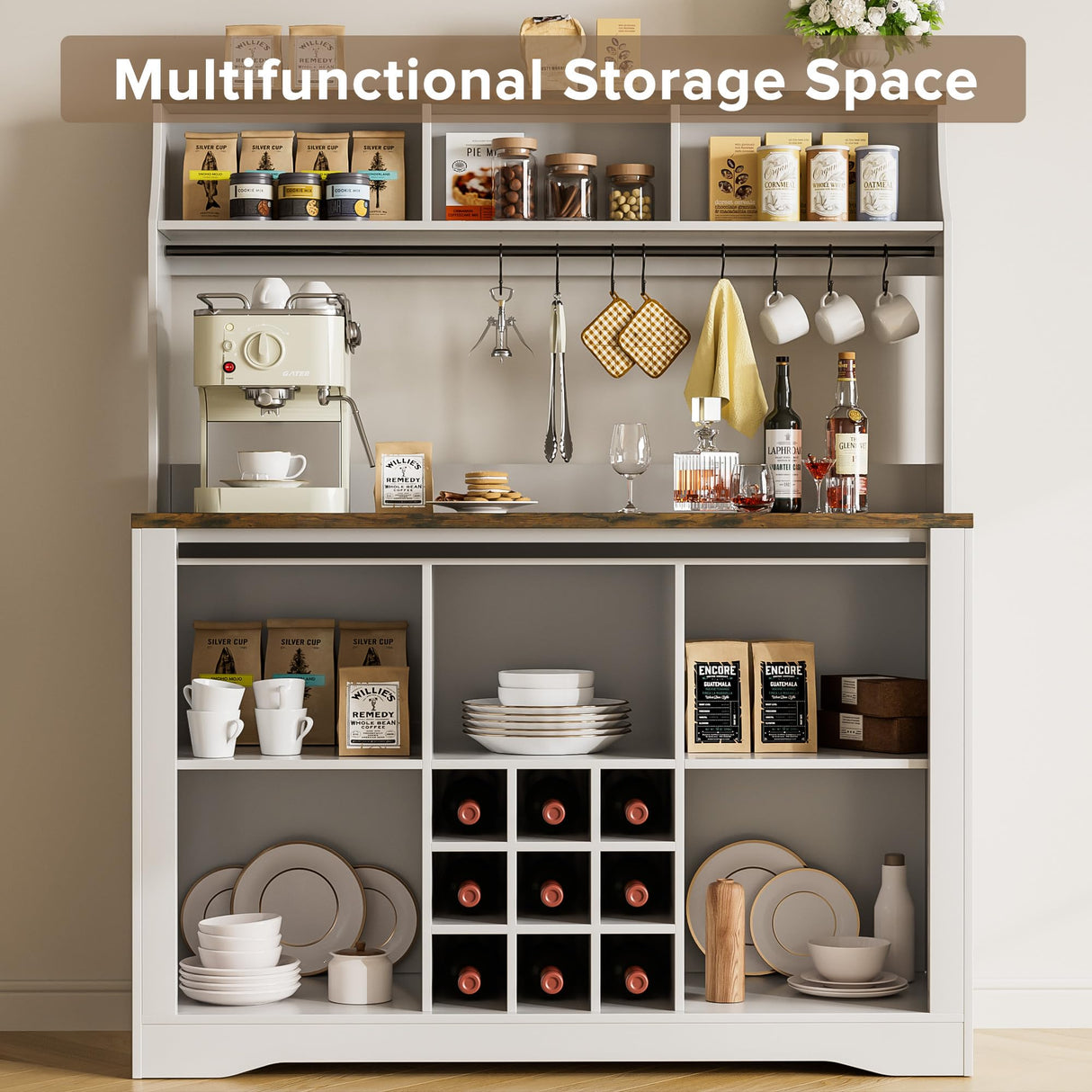 SYESWAY 57" Coffee Bar, Farmhouse Coffee Bar Cabinet with 3-Tier Storage, Tall Buffet Kitchen Hutch Cabinet with 8 Hooks & 9 Wine Racks, Wine Bar Cabinet for Home, Living Room, White SYESWAY