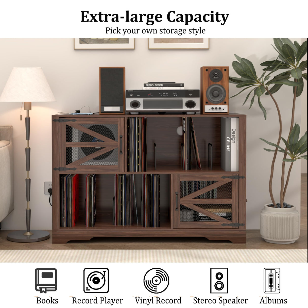 VAXZOFI Large Record Player Stand with Vinyl Storage, 500+ Vinyl Record Storage Cabinet, 47 Inch Record Player Table with Power Outlet, Farmhouse Wooden Turntable Stand for Living Room, Walnut VAXZOFI