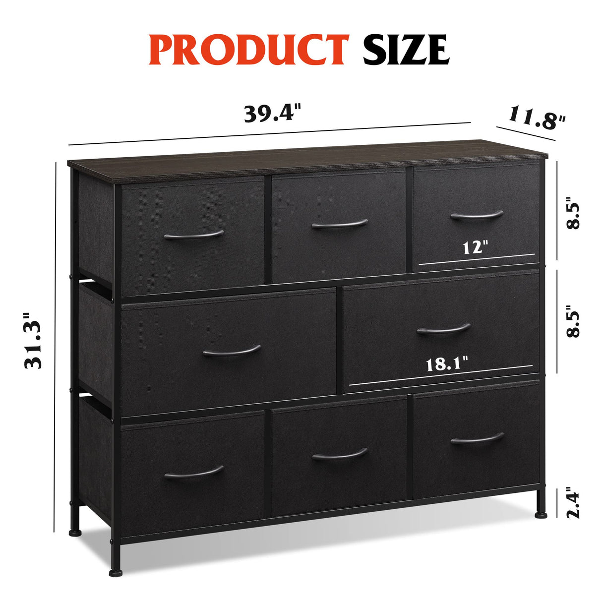 WLIVE 8 Drawer Dresser for Bedroom, Fabric Black Dresser with Large Storage Drawer Unit for Entryway, Chest of Drawers for Living Room WLIVE