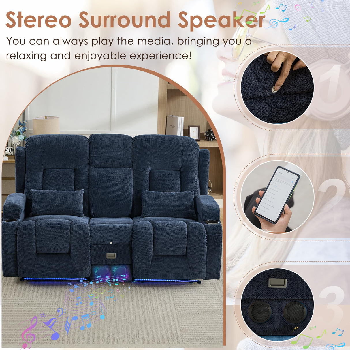 TUNYI Wall Hugger Power Loveseat Recliner - Reclining Loveseat with Console Theater Seating RV Recliner Sofa with USB/Outlet/Speaker/Cup Holder/LED Light/Storage (Beibei VelvetBlue) TUNYI