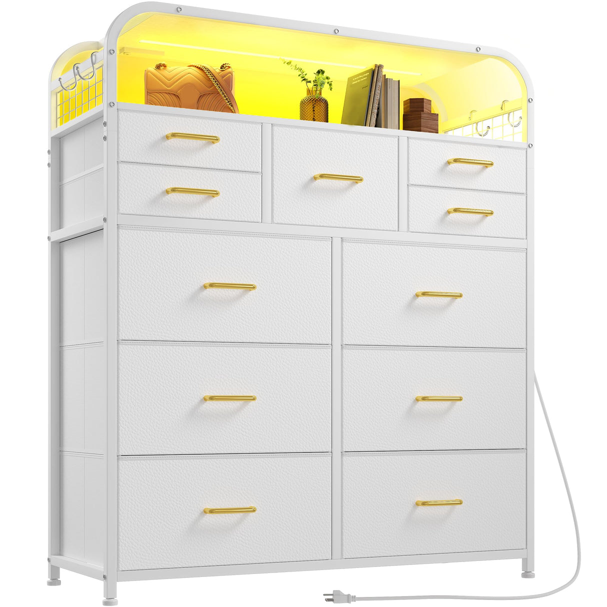 EnHomee White Dresser,11 Drawer Dresser for Bedroom with LED Lights & Charging Station, Fabric Dressers & Chest of Drawers,2 Tier Wooden Shelves, 4 Hooks, Dresser for Bedroom,Entryway,Sturdy Frame EnHomee
