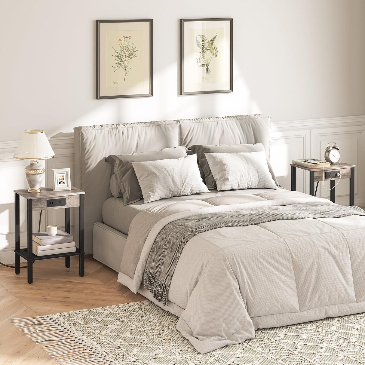 HOOBRO Side Table with Charging Station, Set of 2 End Tables with USB Ports and Outlet, Nightstand with 2-Tier Storage Shelf, for Living Room, Bedroom, Small Space, Greige and Black BG91UBZP201 HOOBRO