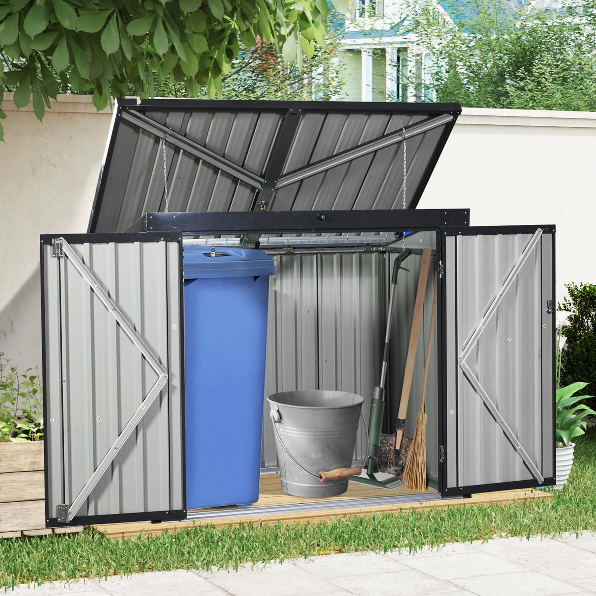 JT Metal Garbage Bin Shed, 65" x 54" x 60" Outdoor Storage Shed with Lockable Door, Waterproof Galvanized Trash Can for Garden Patio, Backyard, Lawn, Black JT