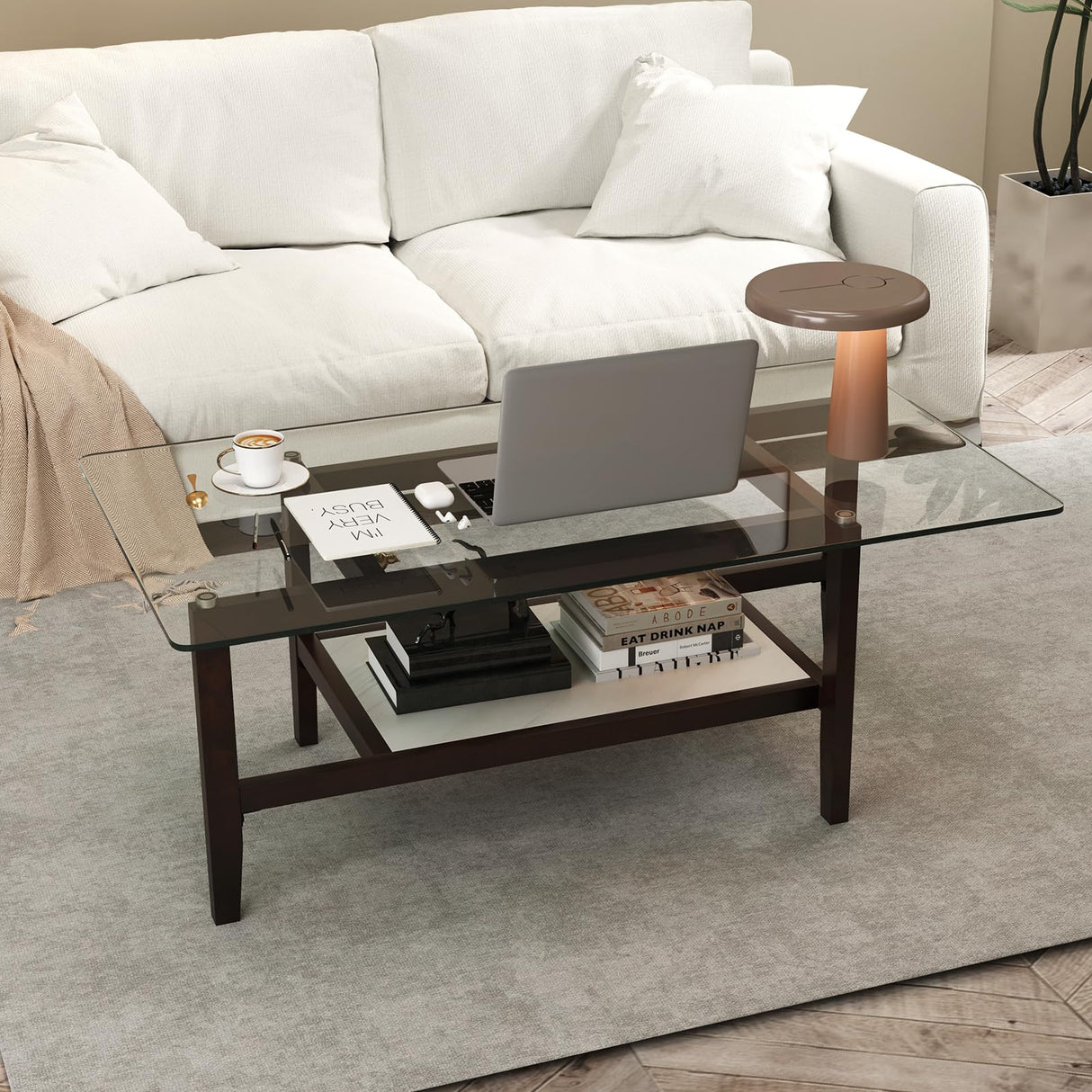 Tangkula Glass Coffee Table, 42” 2-Tier Rectangular Center Table with Storage Shelf & Solid Rubber Wood Legs, Modern Cocktail Table for Living Room, Home Office (Brown, 42" x 23.5") Tangkula