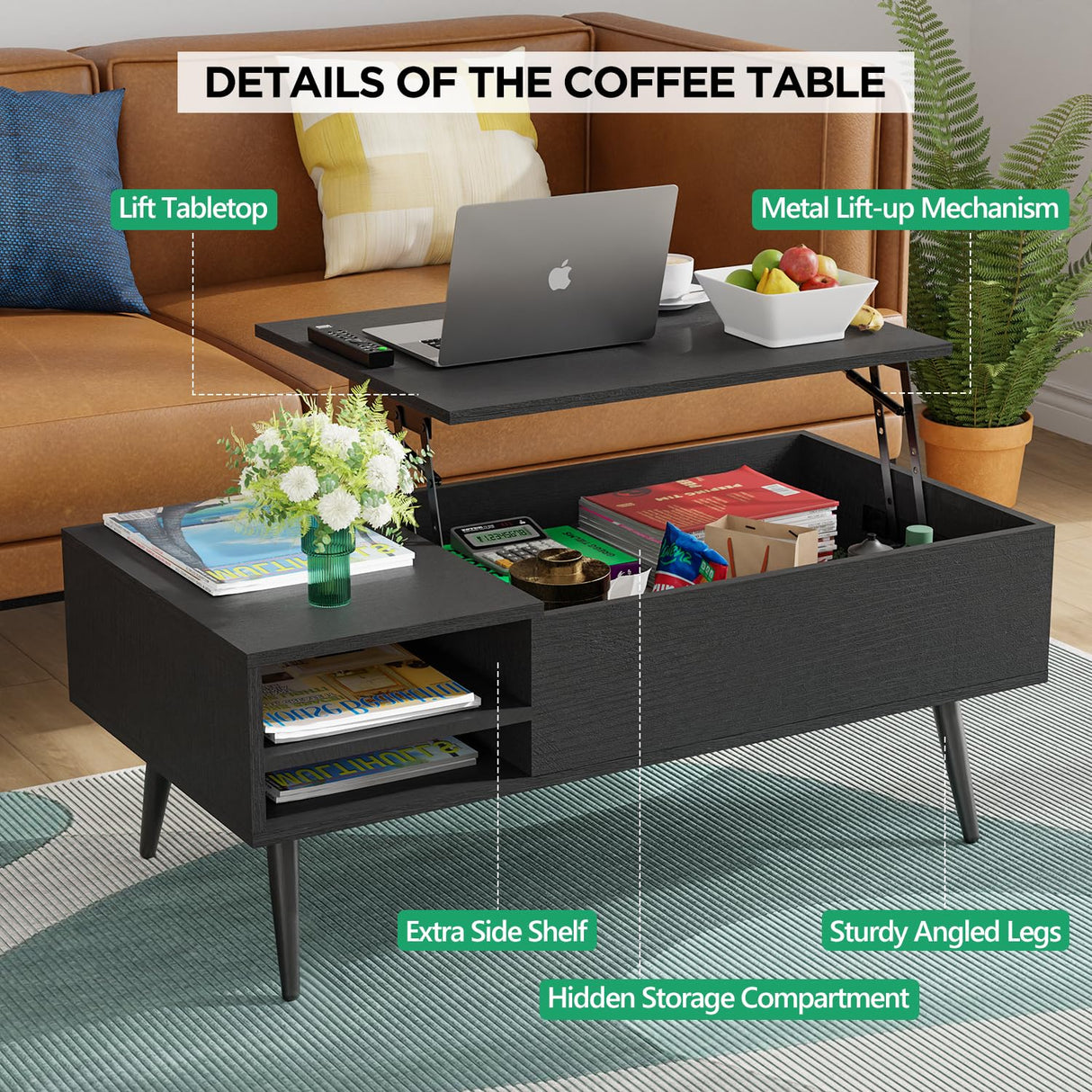 PayLessHere Lift Top Coffee Table with Adjustable Storage and Hidden Compartment Small Wood Coffee Table Center Table for Home Living Room Office Apartment Reception Room,Black PayLessHere
