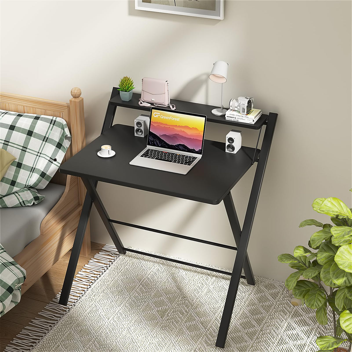 GreenForest Folding Desk No Assembly Required Small Size, 2-Tier Foldable Computer Desk with Shelf for Home Office, Space Saving Portable Laptop Study Foldable Table for Small Spaces, Black GreenForest