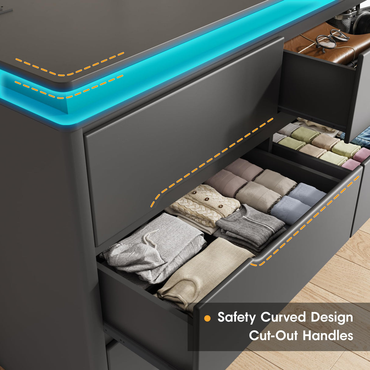 Fameill Black Dresser for Bedroom, 6 Drawer Dresser with LED Lights, Modern Dresser Organizer with Charging Station, Double Wide Chest of Drawers for Living Room, Entryway Fameill