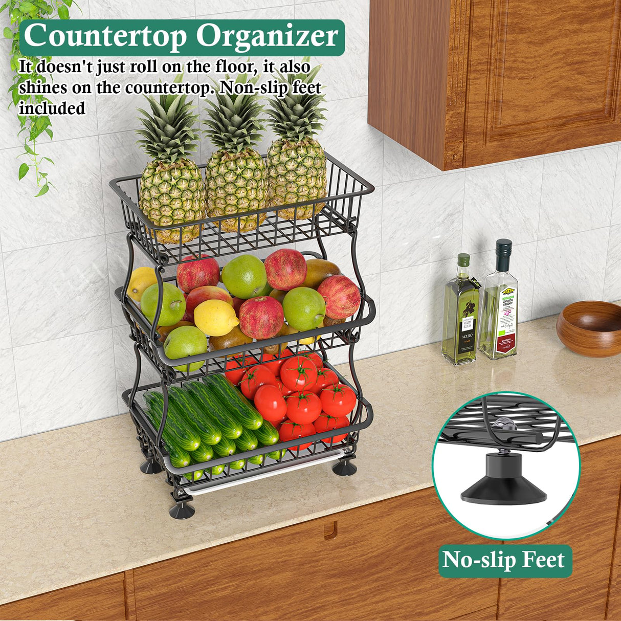 OKZEST 3-Tier Rolling Pantry Floor Organizers and Storage Cart with Wheels, Stackable Wire Pantry Baskets for Pantry Shelves, Kitchen Fruit Basket Stand and Storage Rack for Fruit Snack Onion Potato OKZEST