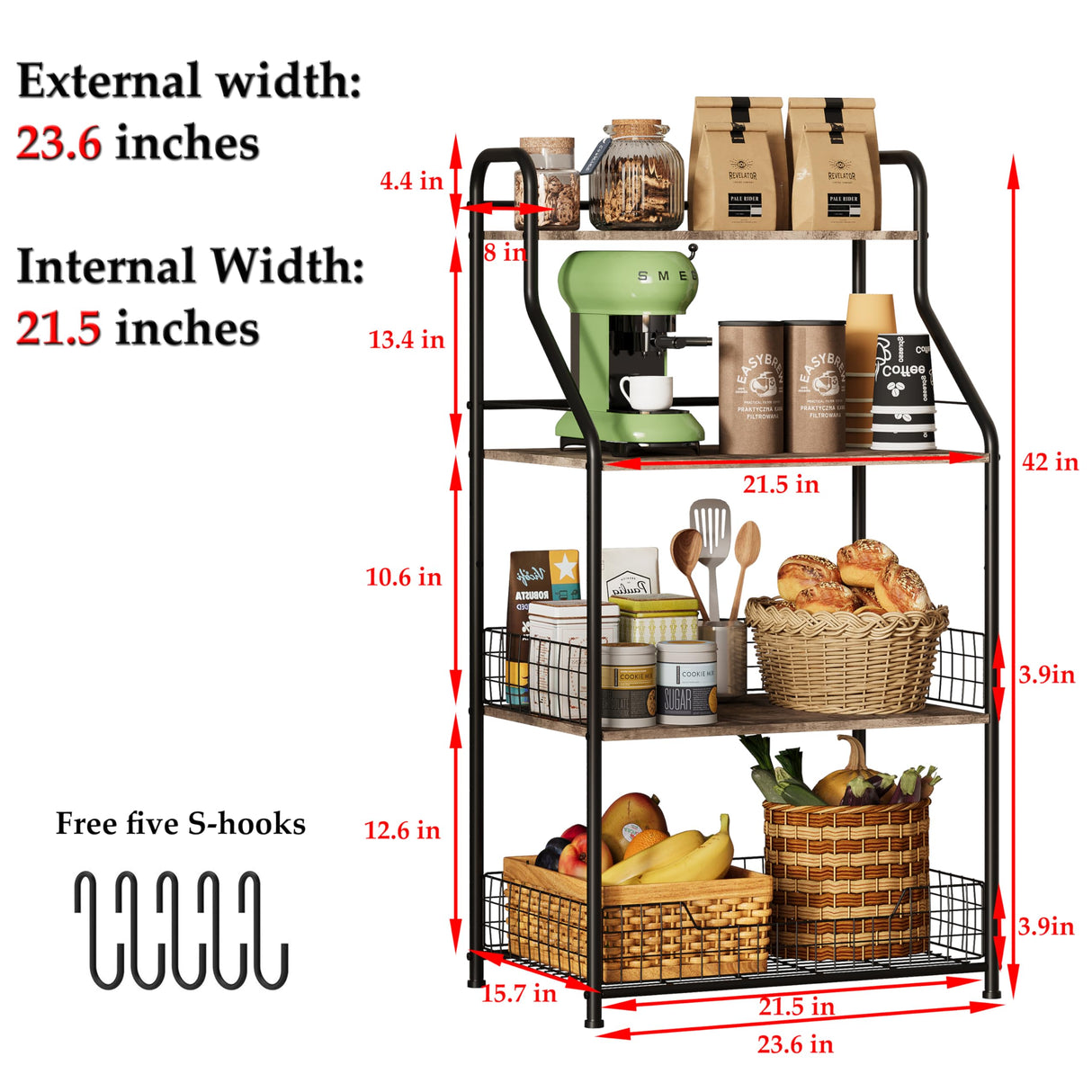 Microwave Stand with Storage 4-Tier, Bakers Racks for Kitchens, Coffee Cart Microwave Cart with Storage, Metal Bakers Rack with Storage, Coffee Cart with 5 S-Hooks Sonyabecca