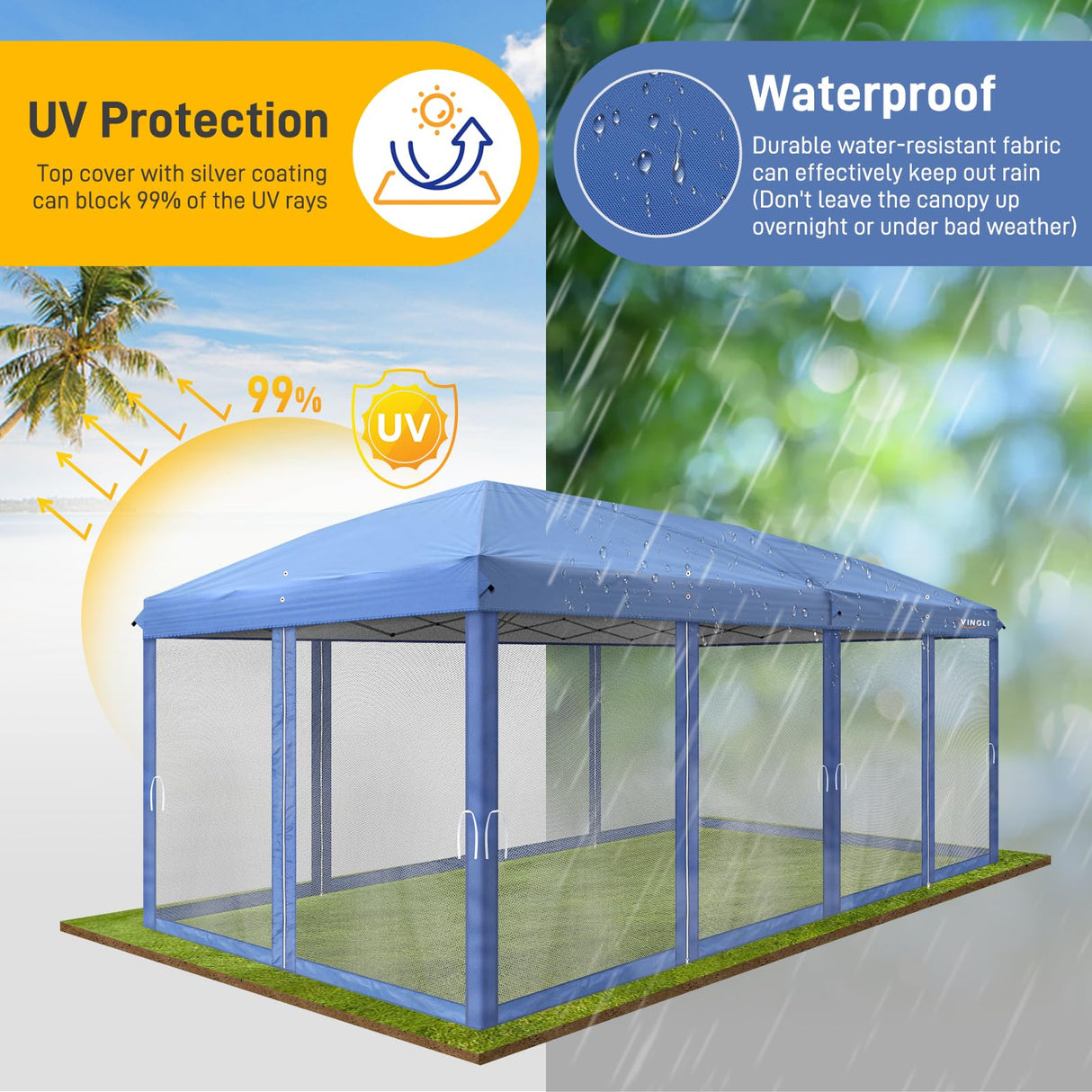 VINGLI 10x20 Pop Up Canopy with Sidewalls Wheeled Bag Easy Up Canopy Tent with Nettings, Screened in Gazebo for Camping Screened Canopy (Blue, 10x20) VINGLI