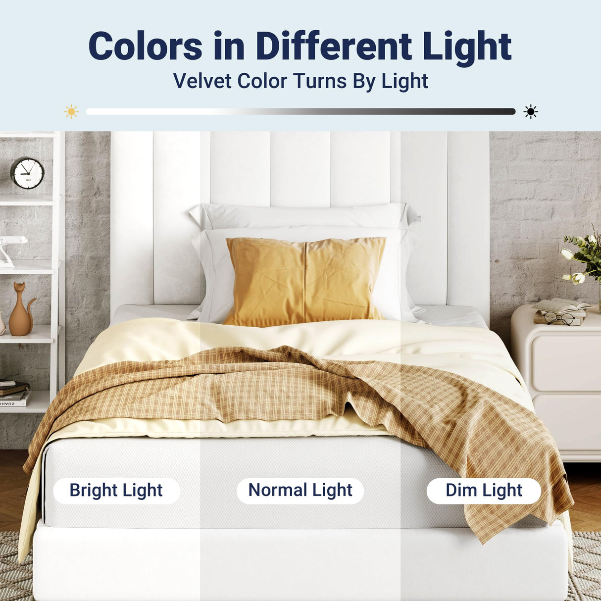 Allewie Twin Bed Frame/Velvet Upholstered Bed Frame with Vertical Channel Tufted Headboard/Strong Wooden Slats/Platform Bed Frame/Mattress Foundation/Box Spring Optional/Easy Assembly/White Allewie