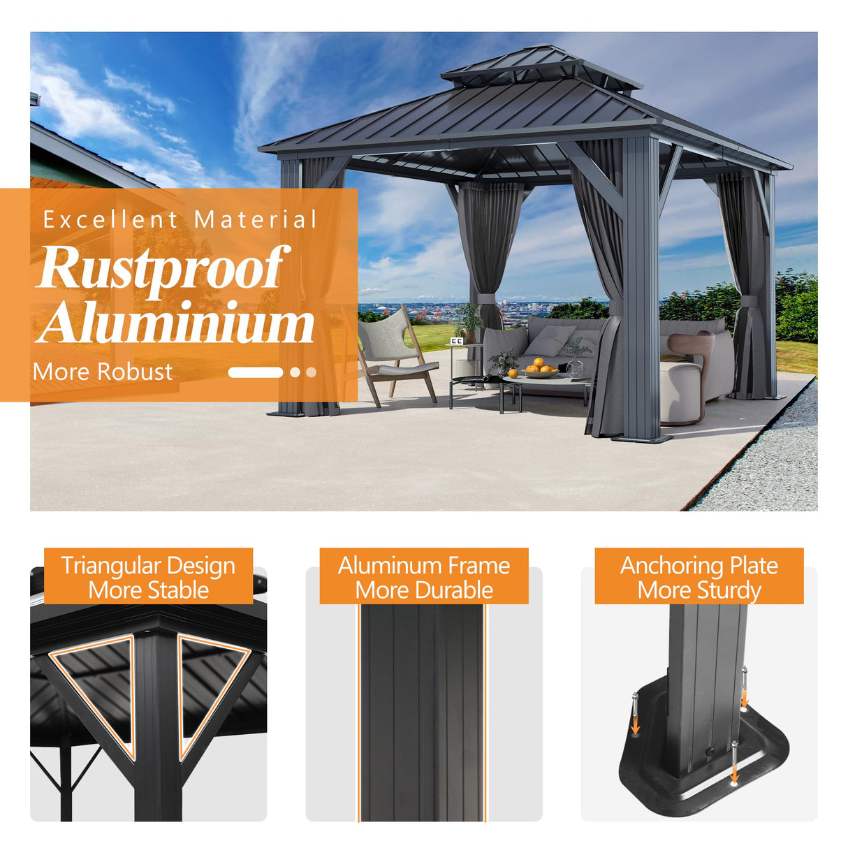 GARTOO 10x10FT Outdoor Hardtop Gazebo with Double Roof - Heavy-Duty Galvanized Steel Top Aluminum Frame Gazebo with Breathable Netting & Privacy Curtain for Patio, Porch, Garden, Lawn, Deck, Backyard GARTOO