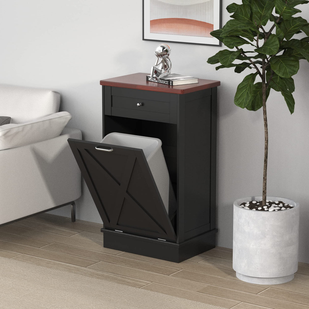 TOLEAD Tilt Out Trash Cabinet,Antique-Style Barn Door Kitchen Island with Solid Wood Tabletop & Drawer, Pet Proof Trash Can, Wood Laundry Cabinet TOLEAD