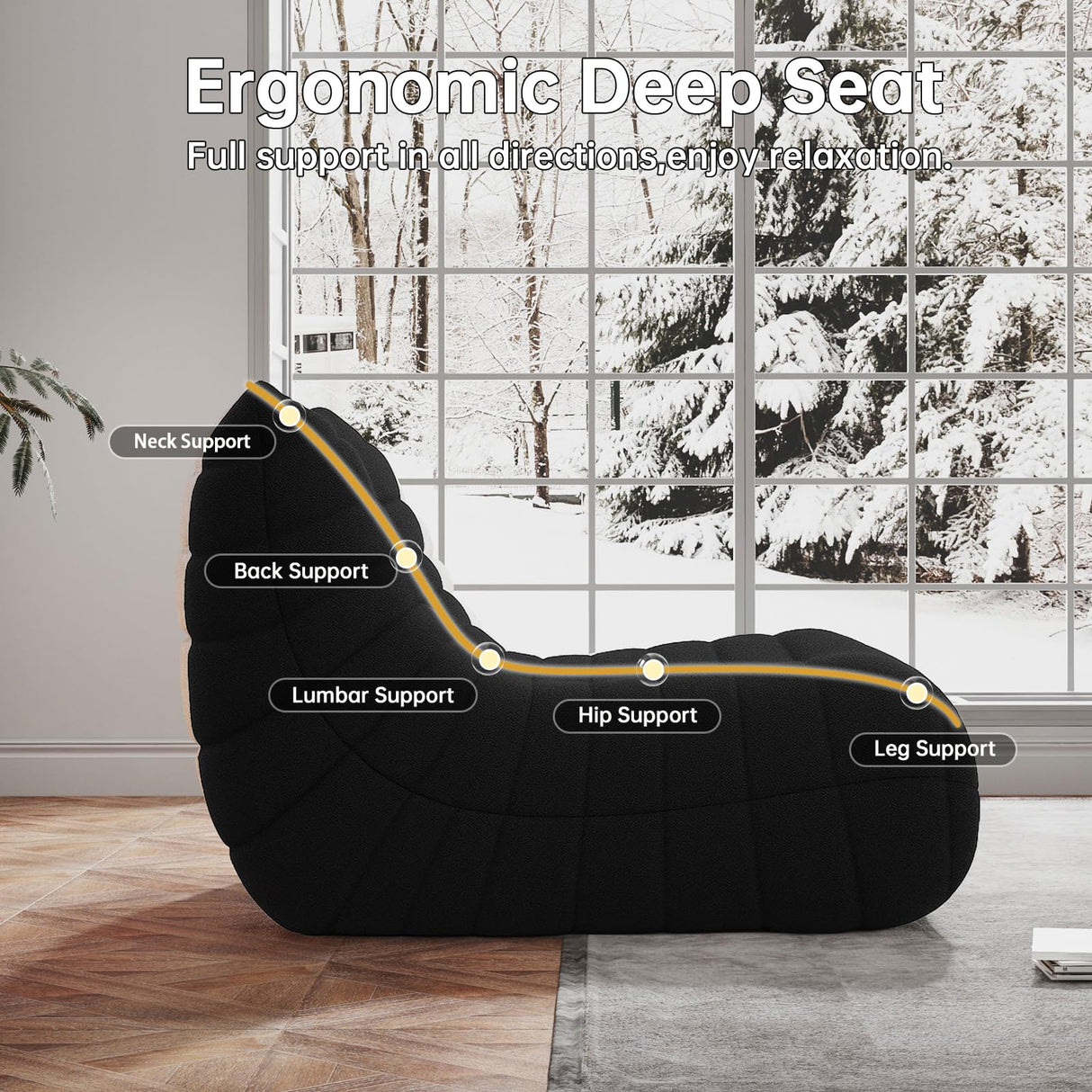 Bean Bag Chairs for Adults, Memory Foam Couch Loveseat Sofa Chair, Soft Teddy Material Cozy Comfy Reading Nook Chairs, Floor Chair for Living Room Bedroom Office(Black) WHGBJA