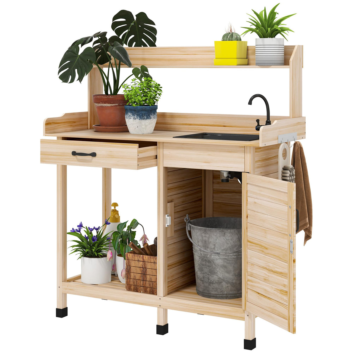 Outsunny Potting Bench Table with Sink, Outdoor Work Bench Table with Storage Cabinet, Hooks, Removable Sink, Faucet and Drawer for Greenhouse, Garden, Patio, Natural Wood Outsunny