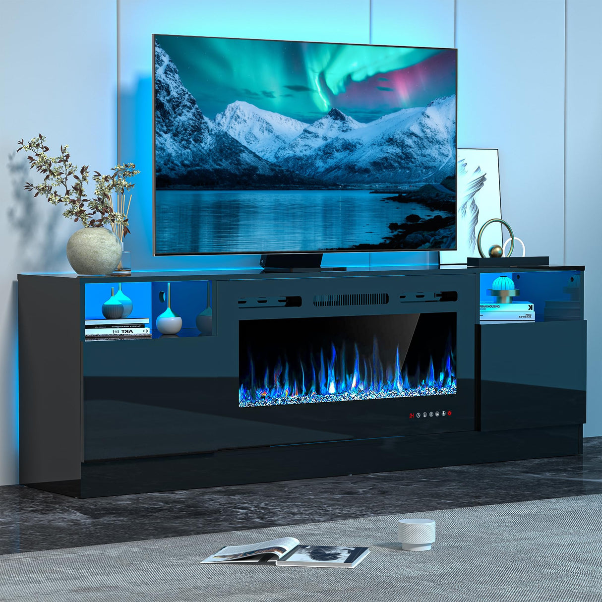 OUTGUAVA Fireplace TV Stand for 80 Inch TV, TV Stand with 36" Fireplace, LED Light Entertainment Center with Storage Cabinets, Media TV Console TV Table for Living Room, Black OUTGUAVA