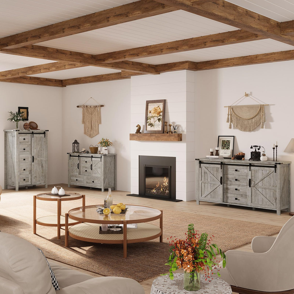 AMERLIFE 31.5'' Farmhouse Dresser with Sliding Barn Doors, 48" Rustic 5 Drawer Tall Dresser, Storage Organizer for Bedroom, Entryway, Light Rustic Oak AMERLIFE