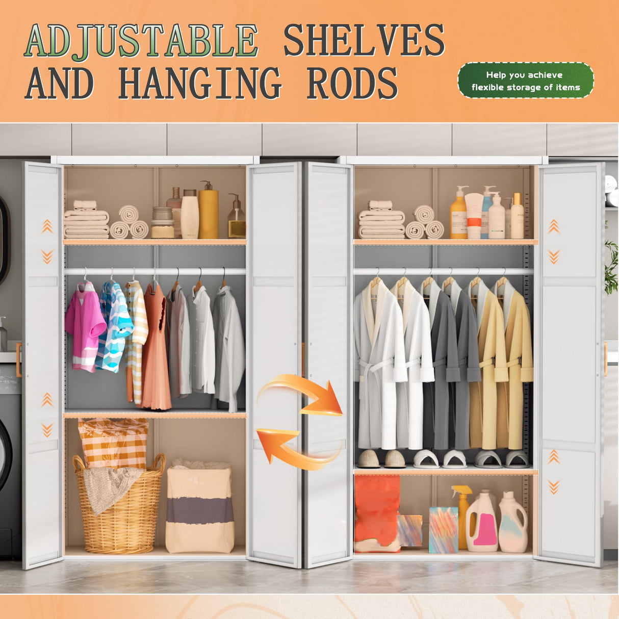 Greenvelly Metal Wardrobe Cabinet with Wooden Handle, 72" Metal Wardrobe Closet with Hanging Rods and Adjustable Shelves, Clothing Storage Closet Cabinet for Home, Office, Employee, Gym (White) Greenvelly