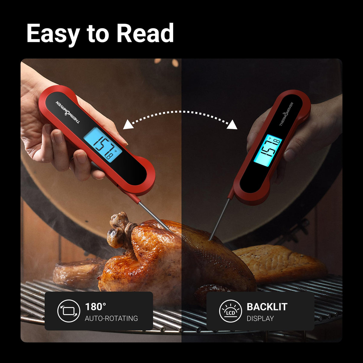 Professional 0.5 Sec Instant-Read-Meat-Thermometer-Digital, NIST Certified ยฑ0.5โ Accuracy, Auto Rotate Large LCD Display, 100% Waterproof Cooking Thermometer for Grill BBQ Smoker Oven Candy, Red ThermoMaven