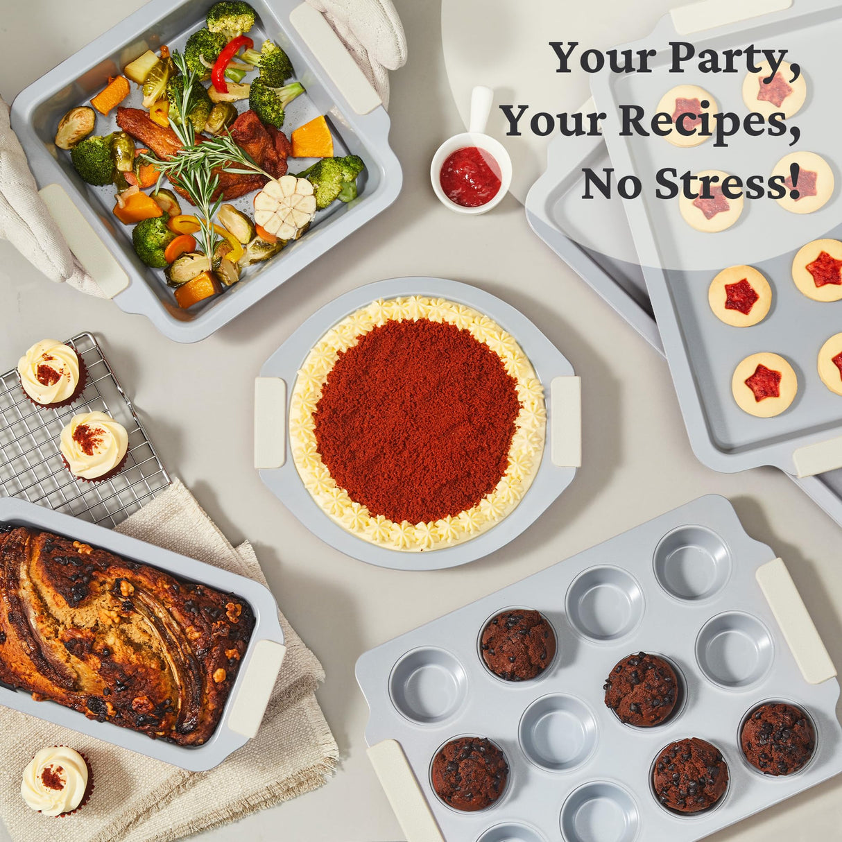 BRONYPRO Nonstick Ceramic Bakeware Set (9 Pieces),Heavy Duty Aluminized Steel Bakeware-Baking Pan Sets with Silicone Handles,Includes Sheet Pans,Loaf Pan,Muffin pan,Cake pans,PTFE & PFOA Free - White BRONYPRO