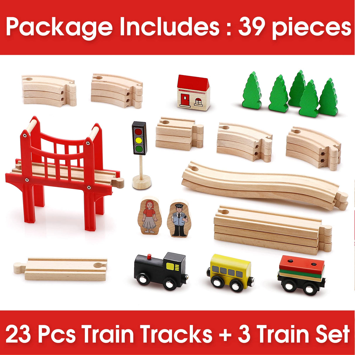 Tiny Land Wooden Train Set for Toddler - 39 Pcs- with Wooden Tracks fits Thomas, fits Brio, fits Chuggington, fits Melissa and Doug - Expandable, Tiny Land