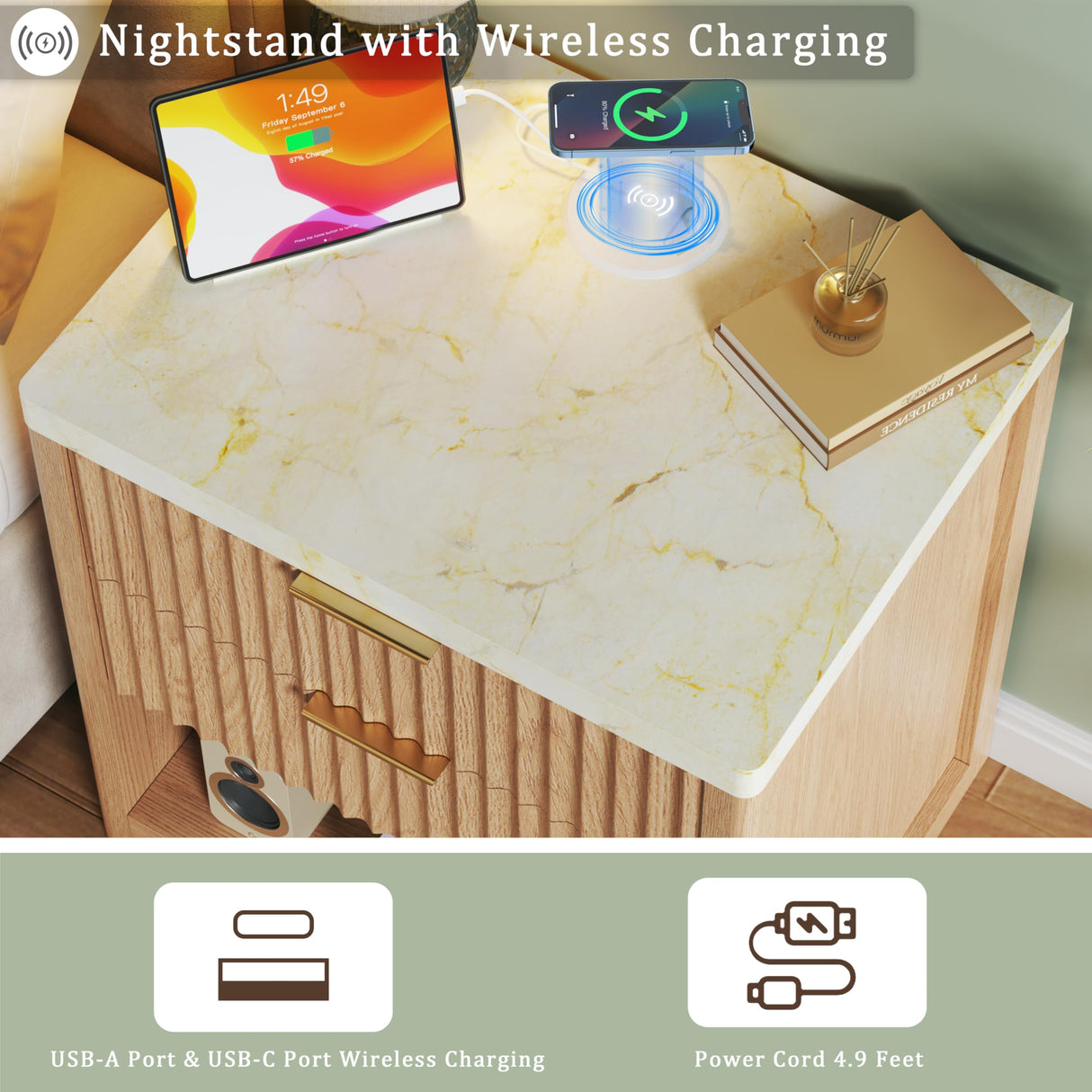 Fluted Nightstand with 2 Drawers, 24'' Night Stand with Wireless Charging Station, Mid Century Modern Side Table with Faux Marble Top, Large Wooden Bedside End Table for Bedroom, Oak HUAHUU