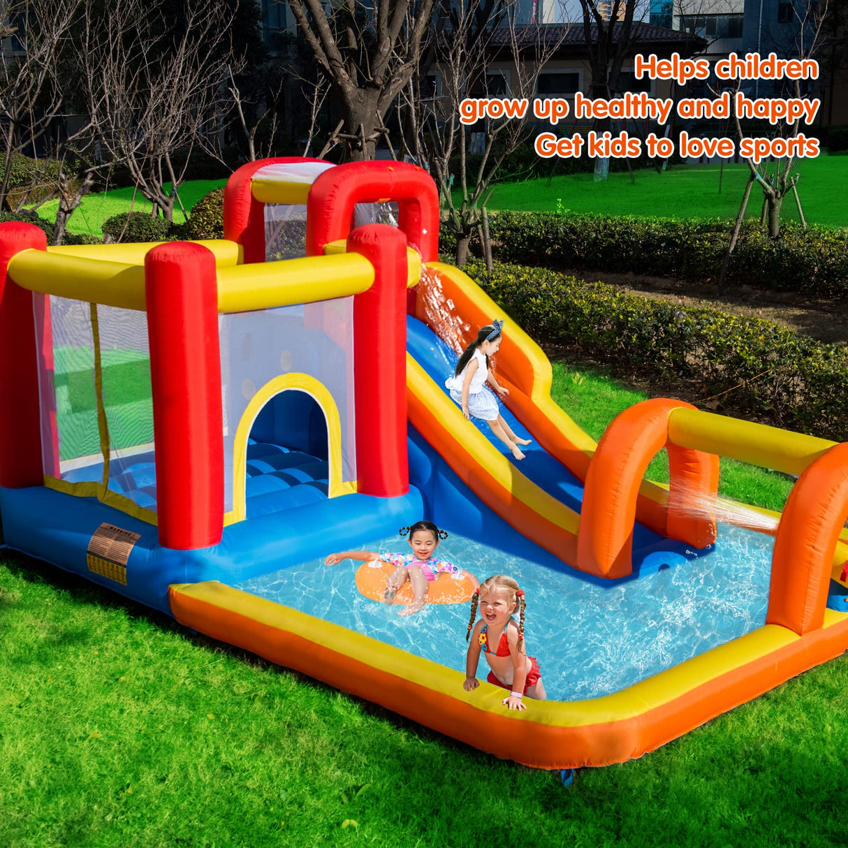Baralir Inflatable Bounce House Water Park with Long Water Slide & Large Splash Pool Fits 5 Kids, Endless Fun of Jumping, Sliding, Climbing - Extra Cave and Tunnel Adventure and Water Cannon Baralir