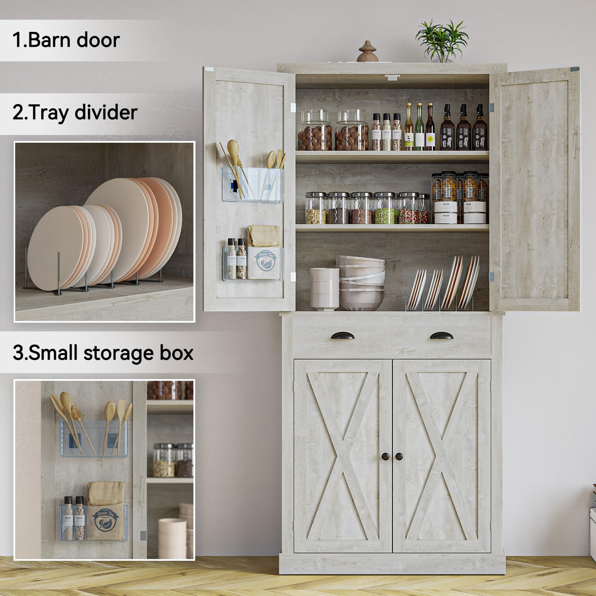IRONCK Kitchen Pantry Storage Cabinet 72.6" H, with Barn Doors, Drawer, 4 Adjustable Shelves, Freestanding Cupboard for Dining Room Living Room, Laundry, Rustic Maple IRONCK
