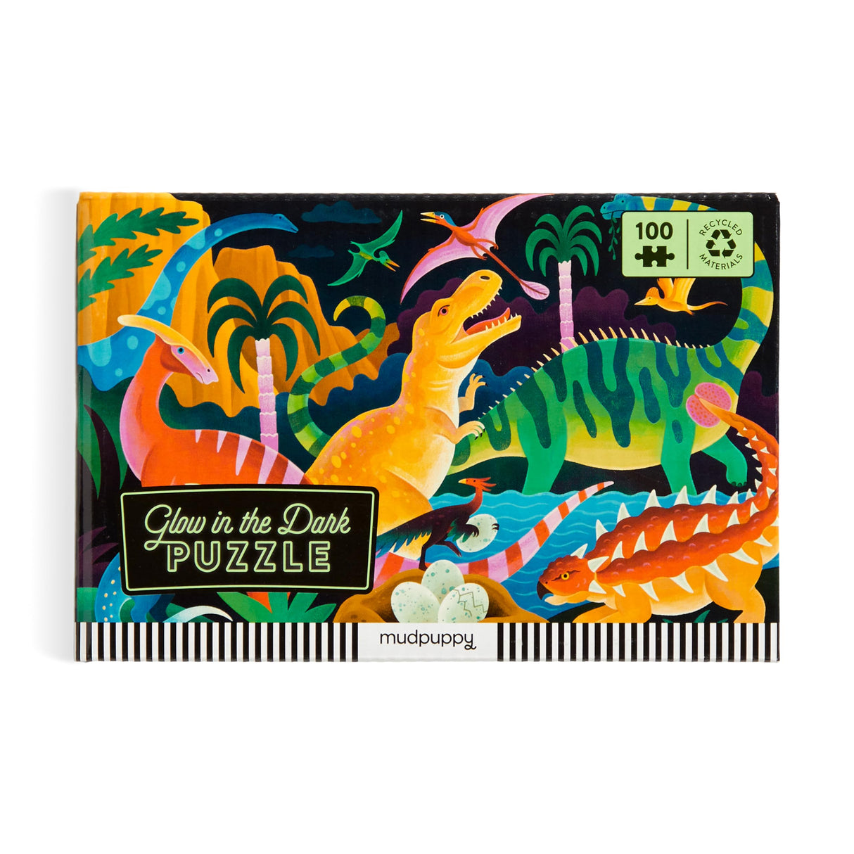 Mudpuppy Dinosaur Park – 100 Piece Glow in The Dark Jigsaw Puzzle with A Bold Scene of Marvelous Dinosaurs and Hidden Dino Skeleton Details in The Dark Mudpuppy