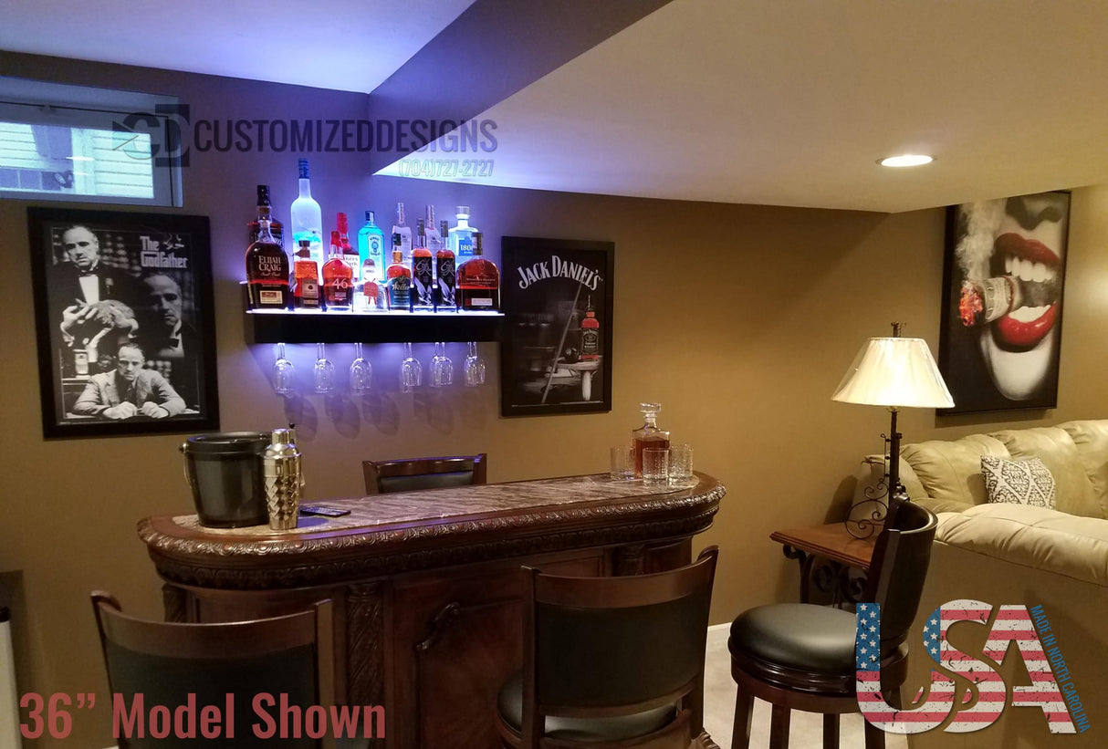 Customized Designs 48" 2 Tier Wall Mounted Liquor Display Bar Shelves w/Wine Glass Rack Customized Designs