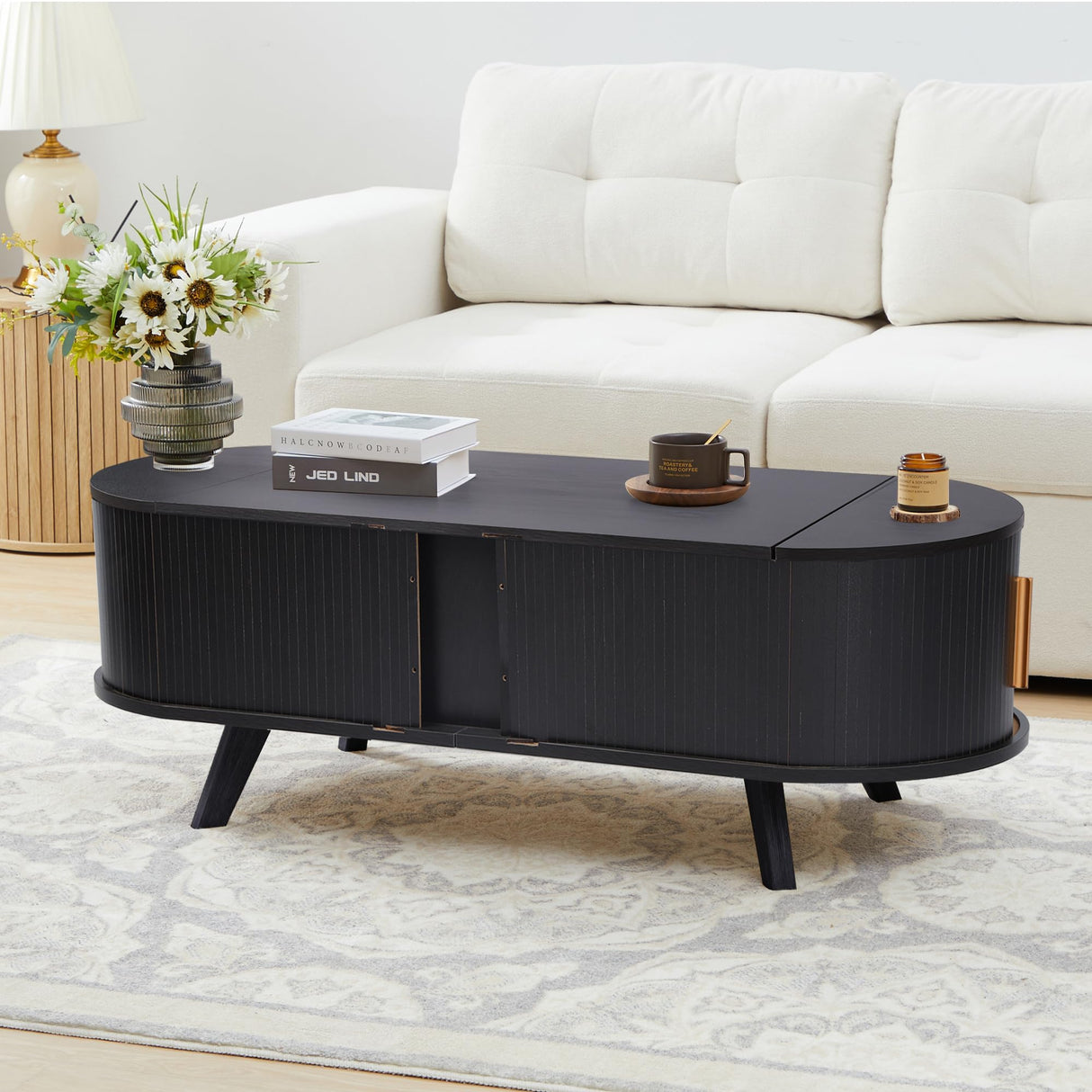 Janmer Home Small Lift Top Coffee Table with Sliding Tambour Door, 47.3" Mid Century Modern Curved Coffee Table with Storage, Oval Center Table with Lift Tabletop for Living Room (Doors, Black) Janmer Home