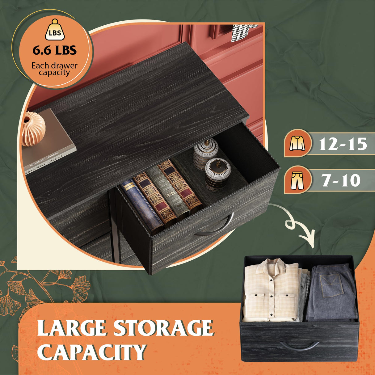 WLIVE Tall Fabric Dresser for Bedroom with 8 Drawers, Storage Tower with Bins, Double Dresser, Chest of Drawers for Closet, Living Room, Hallway, Charcoal Black Wood Grain Print WLIVE