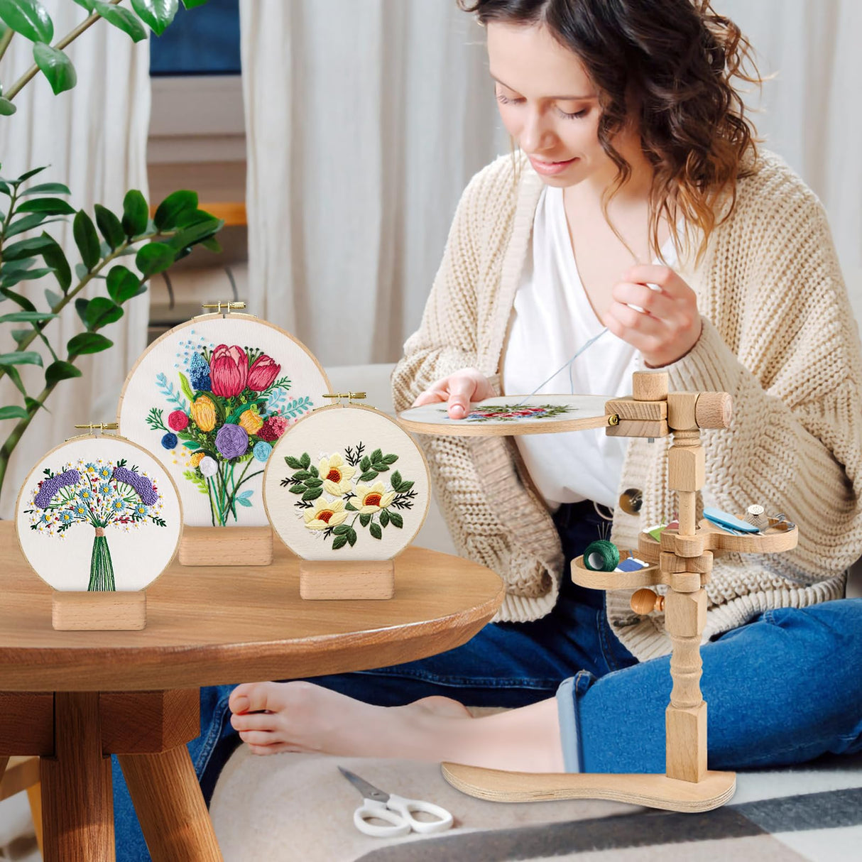 embhand Embroidery Hoop Stand Adjustable - Rotated Embroidery Frame Stand with 6'' 8'' Embroidery Hoops and 3pcs Bowls for Needlework Supplies, Embroidery Hoop Holder, Embroidery Stands for Hand Work embhand