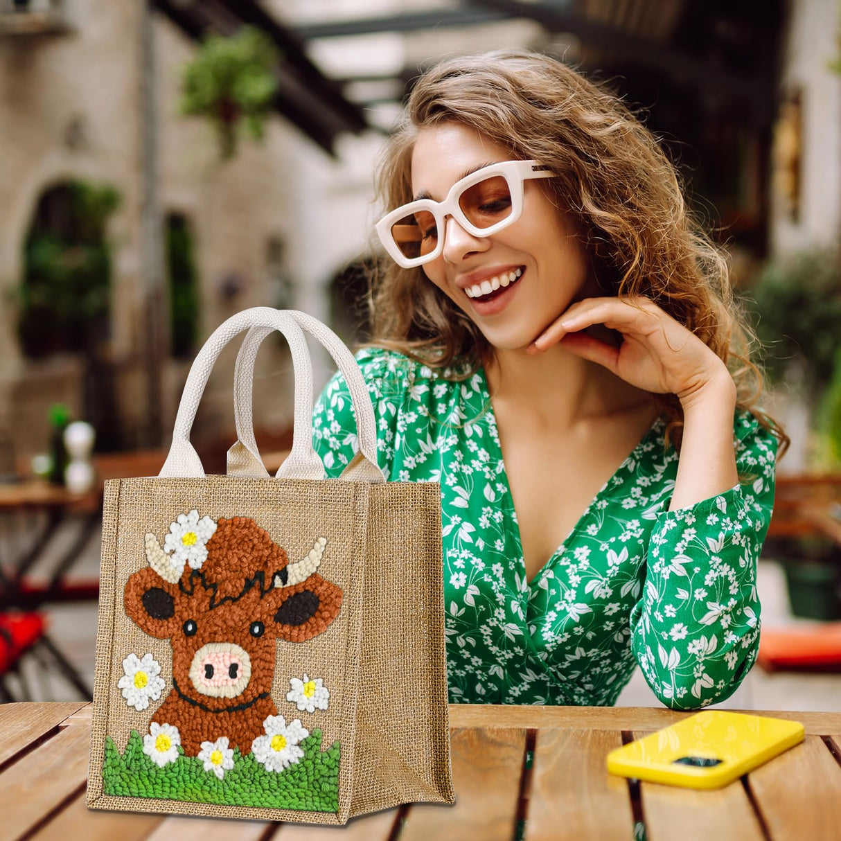 PUNICA Punch Needle Kits for Beginners with Highland Cow Pattern - Burlap Tote Bag for Adults & Kids, DIY Embroidery Starter Kit | Easy Craft Gifts (9x6.5x8.5 Inch) PUNICA