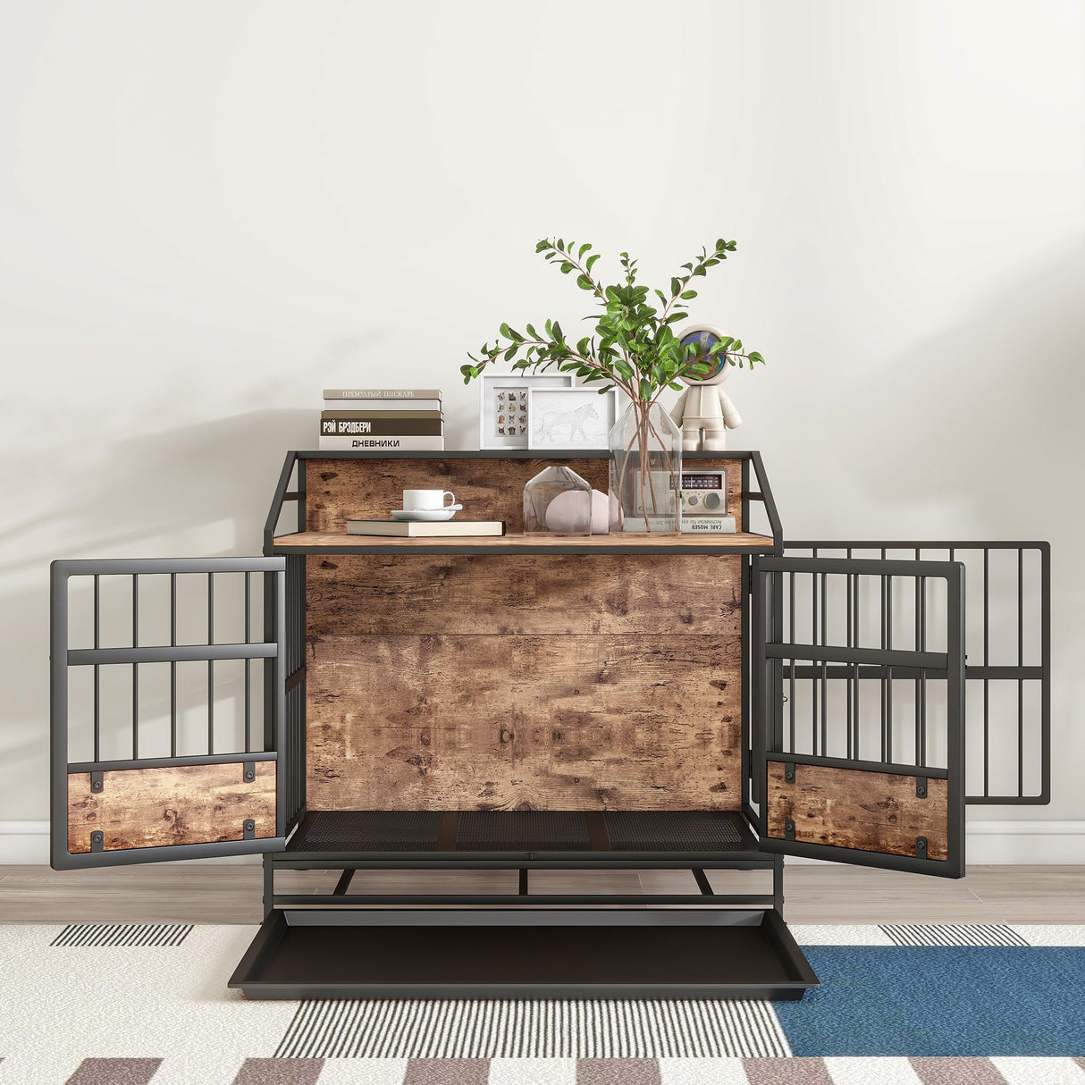 Maliacife Dog Crate Furniture with Led Lights,Heavy Duty Wooden Dog Kennel with Double Doors,Dog House Indoor for Small Medium Dogs,End Table with Shelves,Black and Brown(34.65" L×24.02W×31.5" H) Maliacife