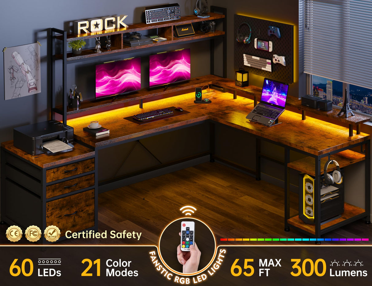 EnHomee 66" L Shaped Desk with Drawers Reversible Large L Shaped Gaming Desk with LED & Storage Shelf Gaming Desk with Monitor Stand Power & Outlet Wide Home Office Desks with File Cabinet Brown EnHomee