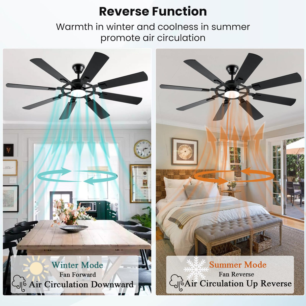 FUMLTP 62 Inch Ceiling Fans with Lights, Large Low Profile Ceiling Fan with Remote Control, 8 Double Sided Blades, 6 Speed Reversible DC Motor, Silent Timing, Black Indoor Outdoor Ceiling Fan FUMLTP