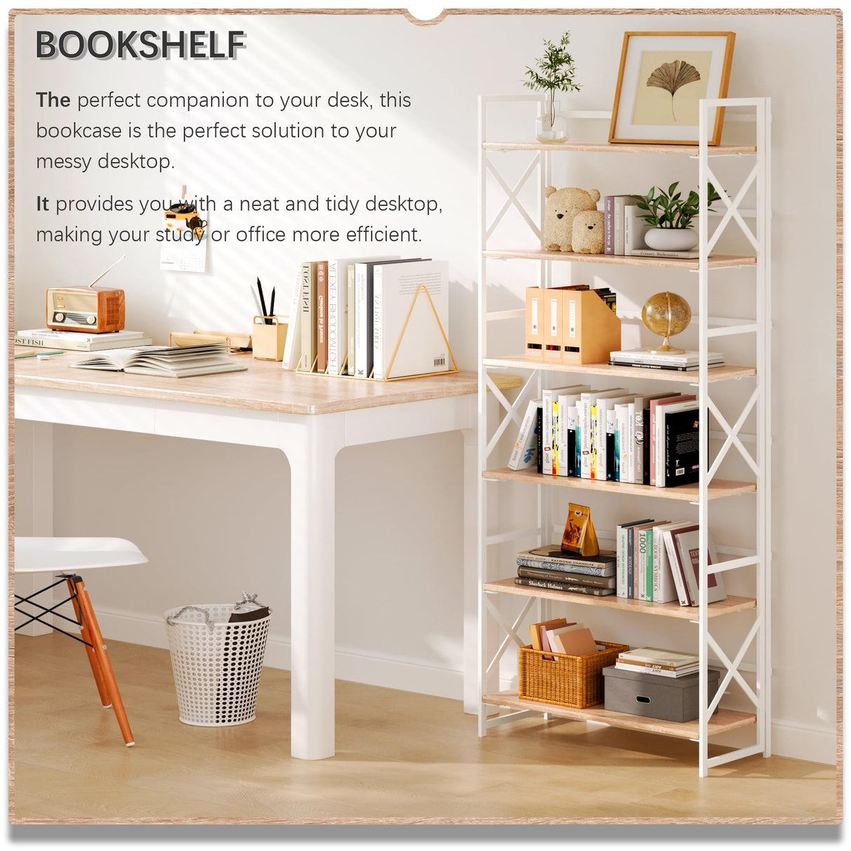 4NM 6 Tiers No Assembly Book Shelves, 61.8" H Folding Bookshelf Bookcase Open Industrial Foldable Shelves for Bedroom, Living Room, Home Office - Natural White