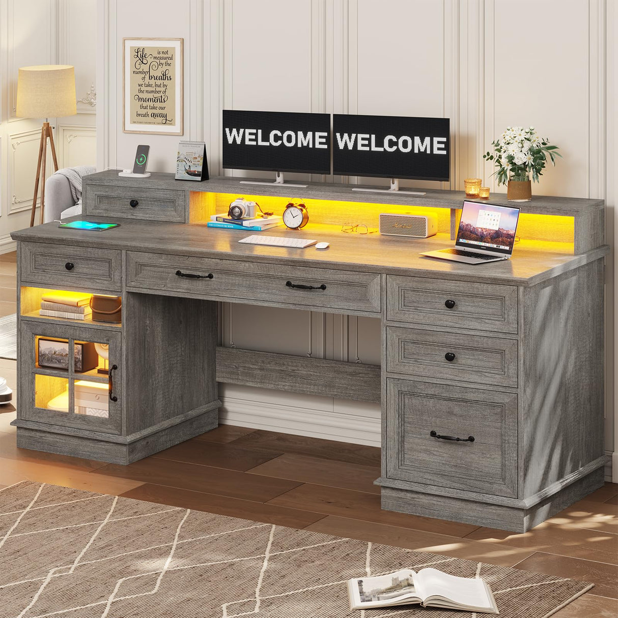 BTHFST Farmhouse Executive Desk with File Drawer, Computer Desk with Charging Station & LED Lights, Home Office Desk with Drawers & Storage Cabinet, Executive Office Desk with Monitor Stand, Grey BTHFST