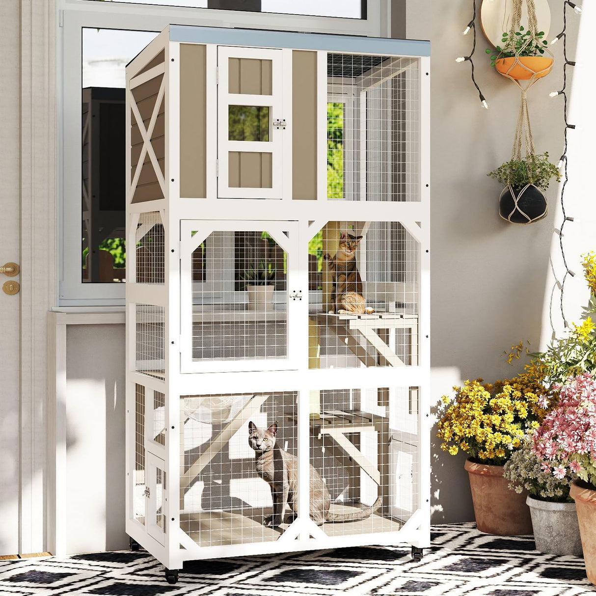 Ketive 64" Large Wooden Catio Outdoor Cat Enclosure, Window Cat House with Wheels & 3 Platforms, Kitty Cage with Weatherproof Roof for Multiple Cats (Gray) ketive