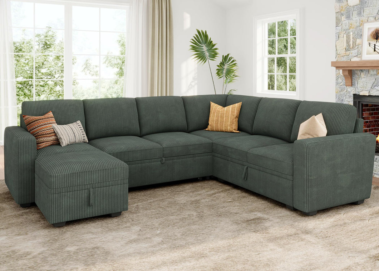 HONBAY Modular Sectional Sleeper Sofa with Pull Out Bed, Corduroy Couch with Storage Seats Ottoman, U Shaped Sectional Couches for Living Room, Green HONBAY