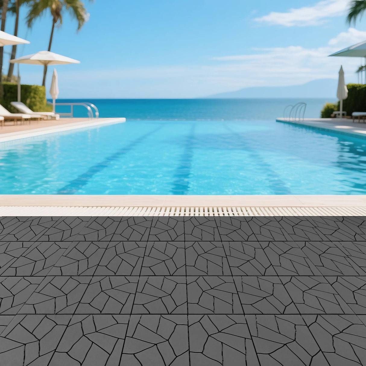 44 Pack Interlocking Deck Tiles, 12"x12" - 44 Sq.Ft Waterproof Plastic Outdoor Flooring, Polypropylene, 3D Wood Grain Plastic, for Patio, Balcony, Backyard, Garden, Dark Grey LINLUOME