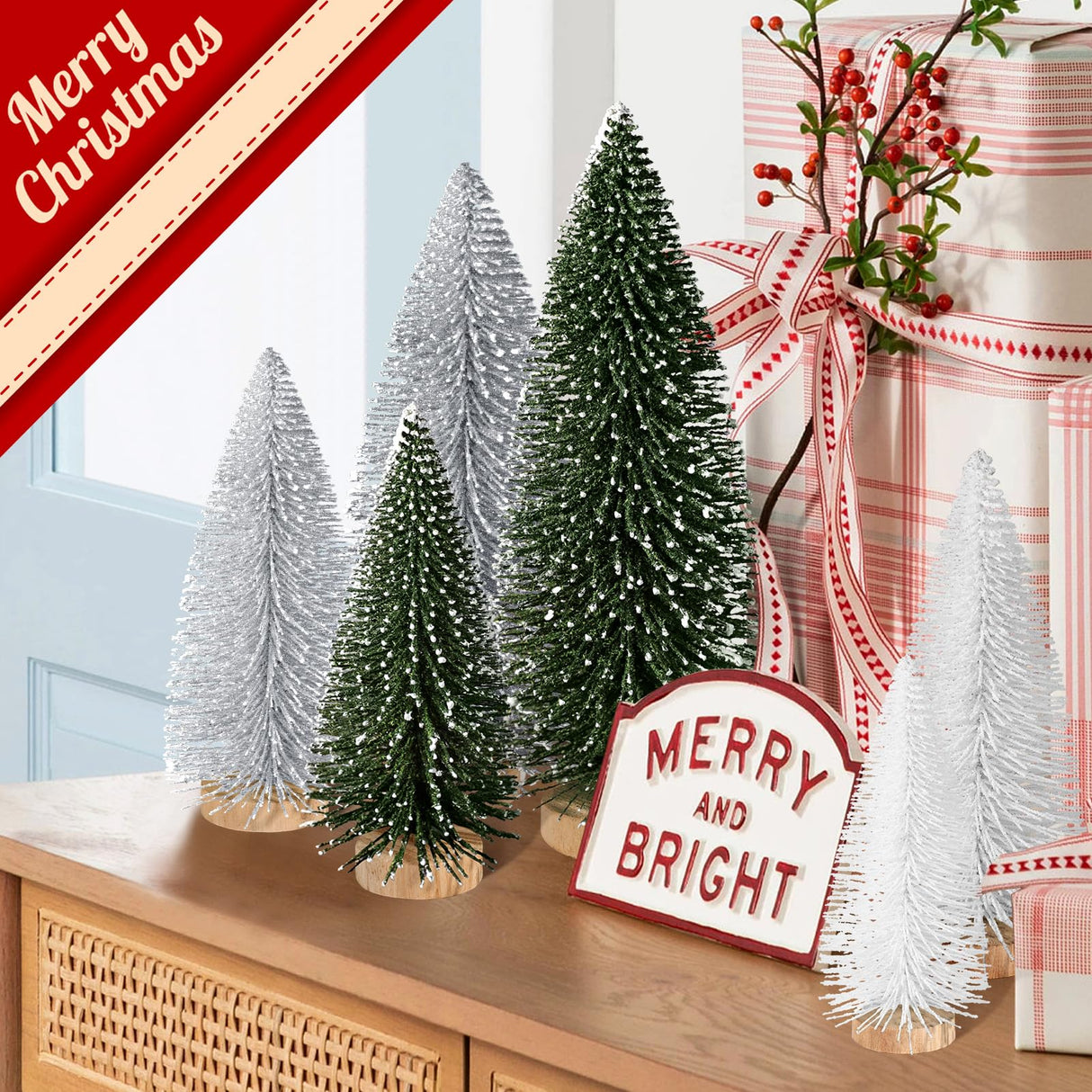 6pcs Mini Christmas Trees Christmas Decor, Artificial Christmas Mini Bottle Brush Trees Tabletop, Christmas Decoration Trees with 4 Size Xmas Holiday Decor (6pcs Green+Silver+White) KPX