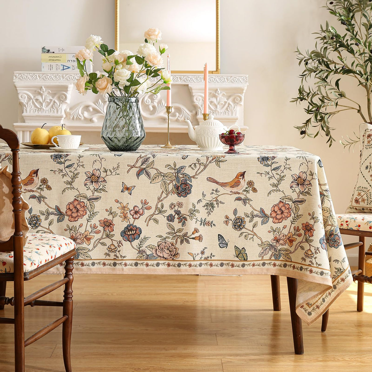 ISAENNE French Tablecloth for Rectangle Tables,Linen Table Cloth with Flowers and Birds Pattern,Heavy Durable Table Cover for Dining Thanksgiving Kitchen Decor Party Banquet Christmas,67"*118" ISAENNE