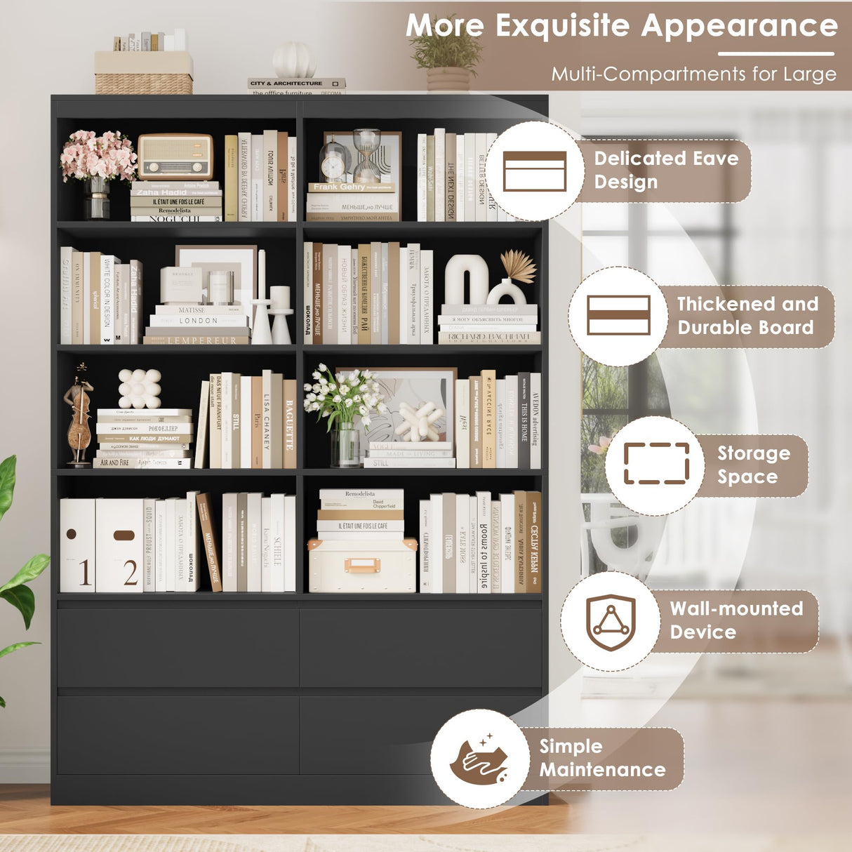 FINETONES 71" Black Bookshelf with Drawers, 47.3" Double Wide Bookshelves and Bookcases with Storage, Tall Bookshelf Large Open Book Shelf Standing Book Case for Home Office, Black FINETONES