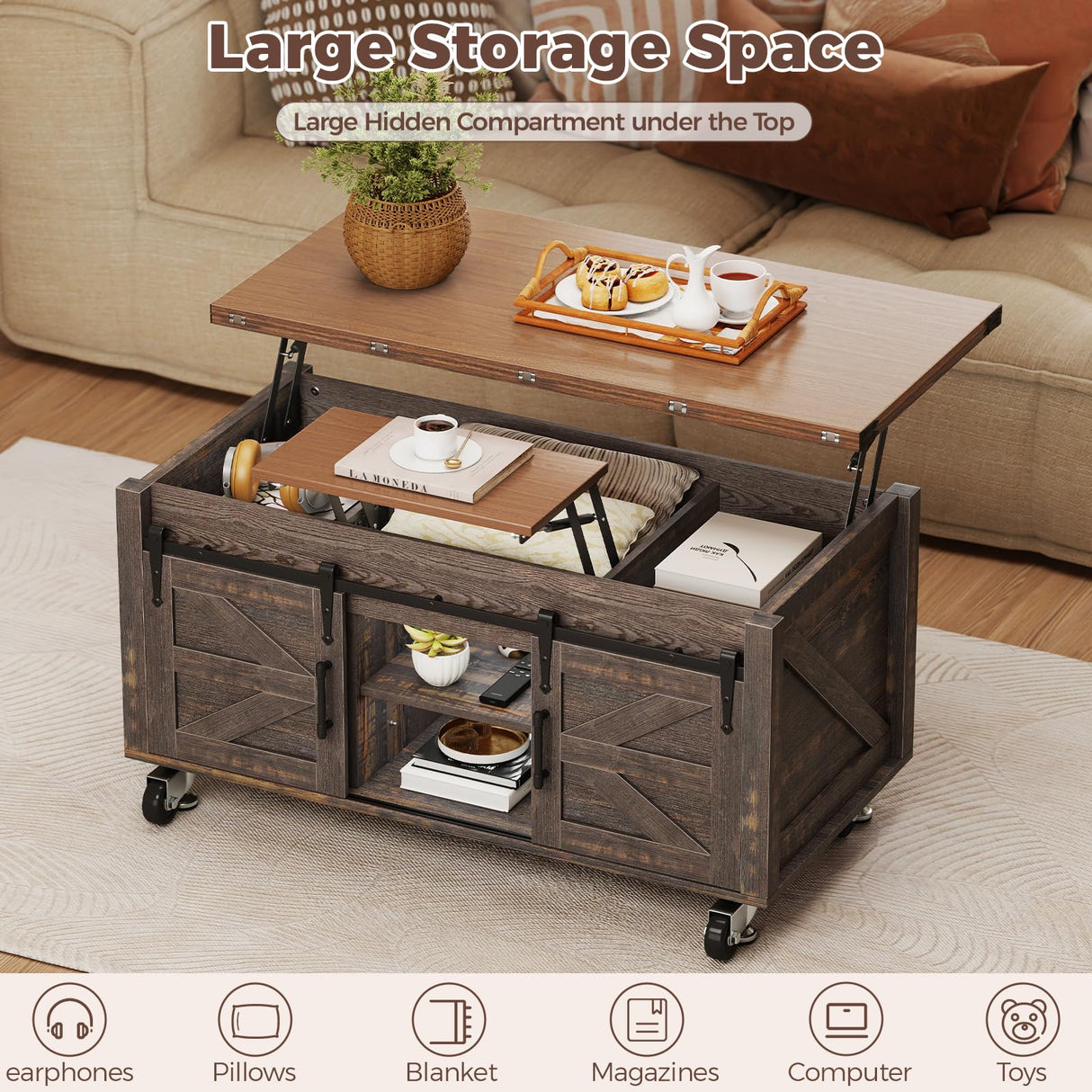 Turosur Lift Top Coffee Table with Storage, 4 in 1 Farmhouse Coffee Table with Lockable Rolling Wheels and Hidden Compartment, Center Table with 4 Sliding Barn Door for Living Room Turosur